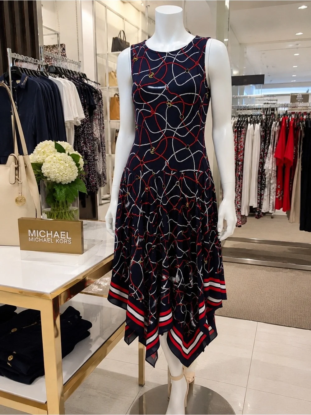 Michael Michael Kors Rope Print Handkerchief Hem Sleeveless Dress Navy Red XSP